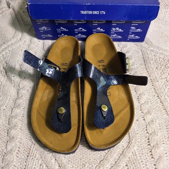 Birkenstock Shoes - Birkenstock Gizeh Navy Blue Metallic Snake Toe Post Sandals 43 Women 12 NIB